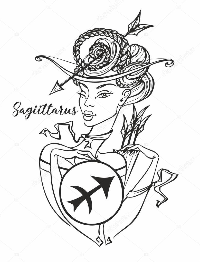 Zodiac sign Sagittarius a beautiful girl. Horoscope. Astrology. Coloring.  Vector