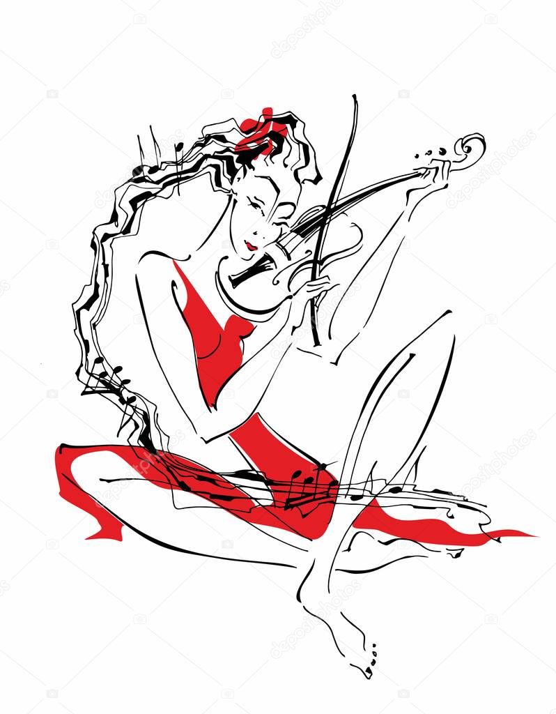 Violinist. Girl plays the violin. Hair like a stave with notes. Stylish graphics. Artistic composition. Vector.