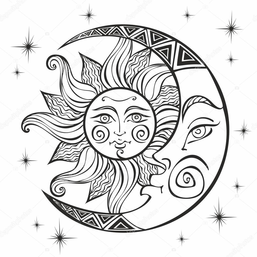 The moon and the sun. Ancient astrological symbol. Engraving. Boho Style. Ethnic. The symbol of the zodiac. Mystical.  Coloring. Vector