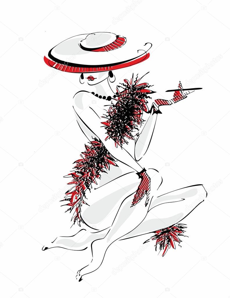 Sexy young girl in a hat. Naked beauty.  Model boa of feathers . Vector illustration.