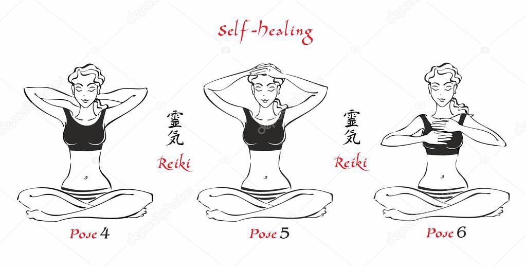 Self-Healing.   The energy of reiki. Poses hands for healing. The set of files. File 2. 3 positions. A total of 12 positions. Alternative medicine. Spiritual healing. Esoteric. Vector.