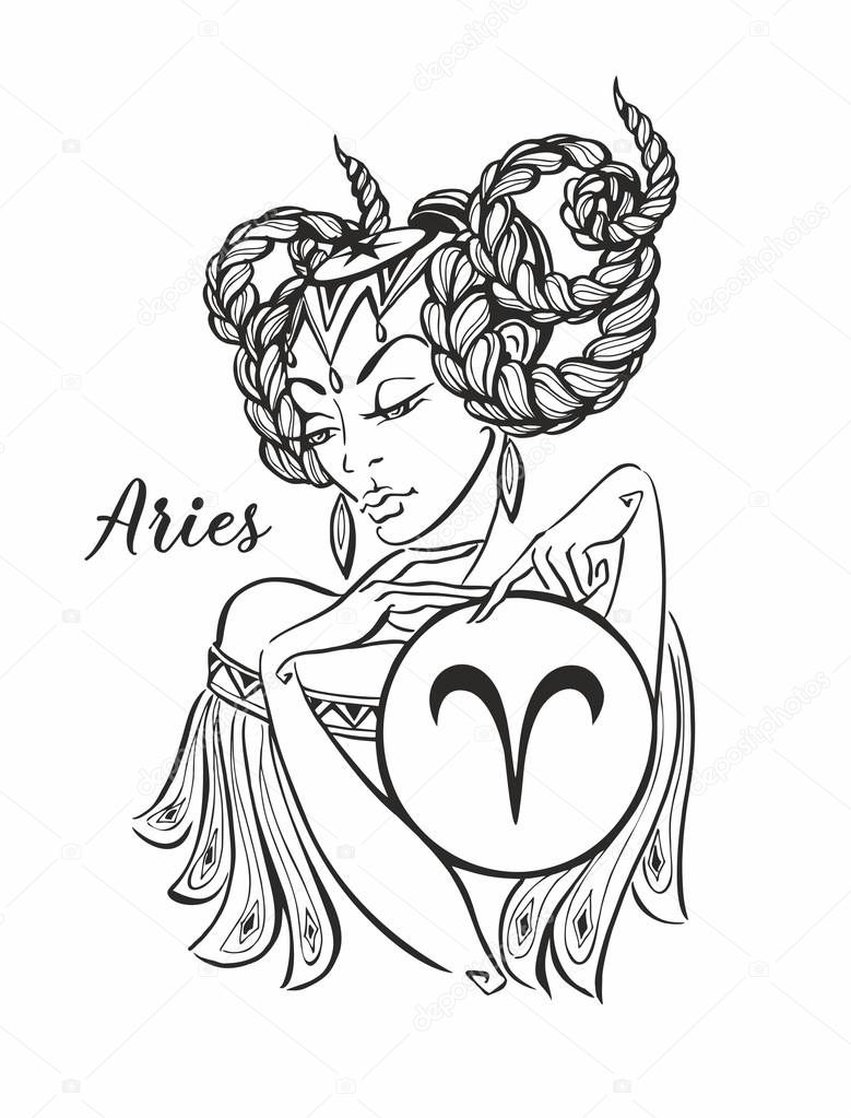 Zodiac sign Aries as a beautiful girl. Horoscope. Astrology.Coloring.  Vector