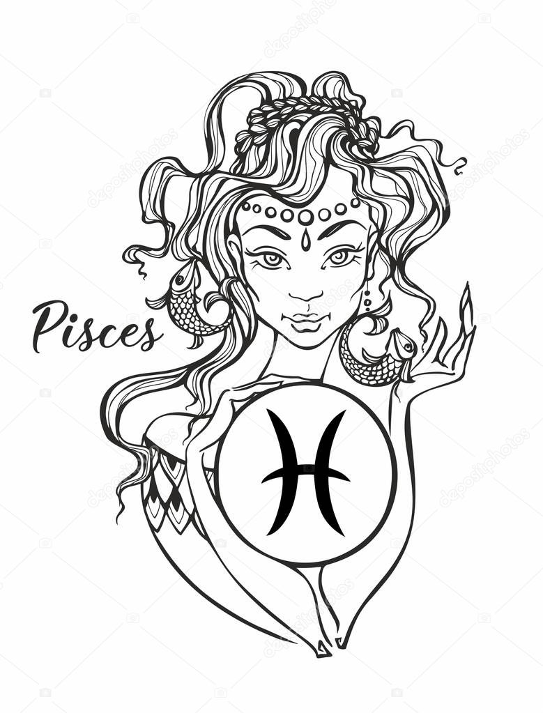 Zodiac sign Pisces a beautiful girl. Horoscope. Astrology. Coloring.  Vector