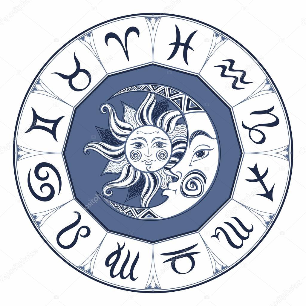 Zodiac.  Astrological symbol. Horoscope. The sun and the moon. Astrology. Mystical. Vector