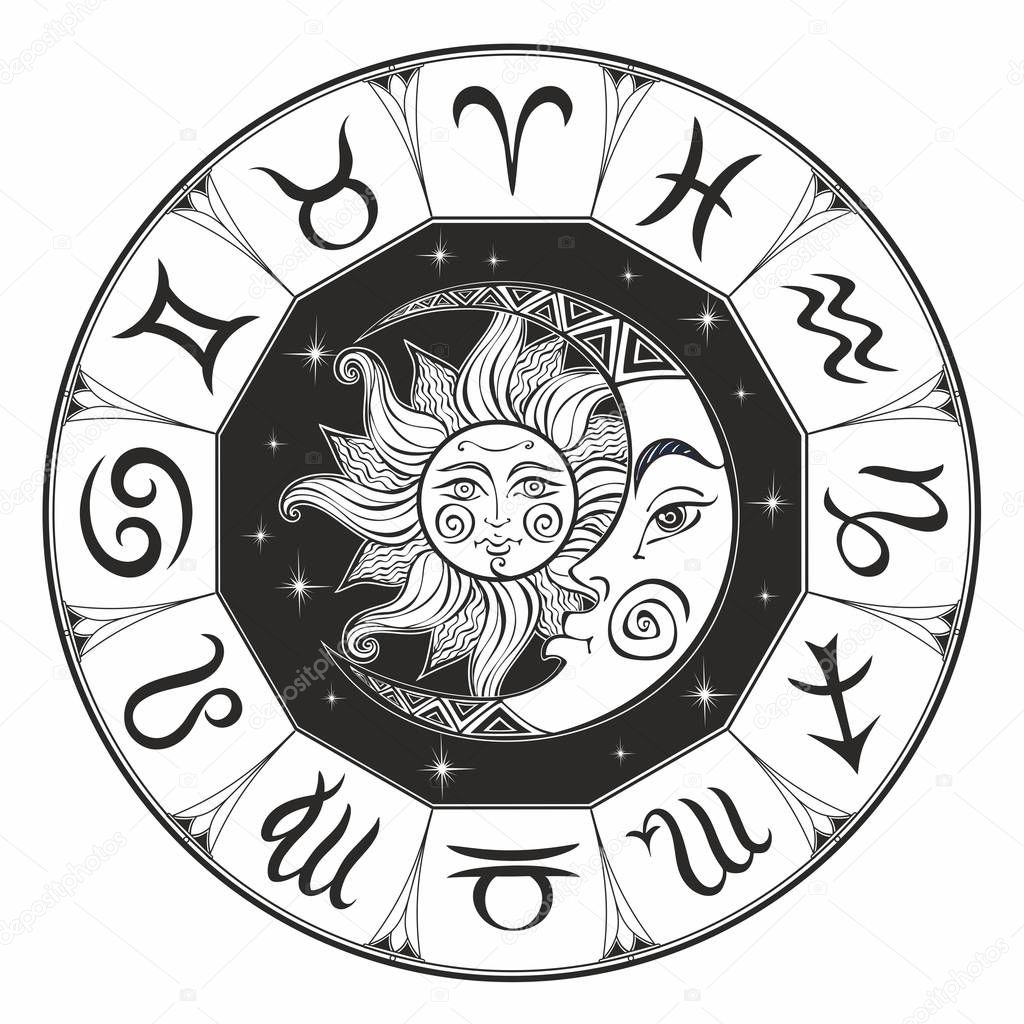 Zodiac.  Astrological symbol. Horoscope. The sun and the moon. Astrology. Mystical. Coloring.  Vector