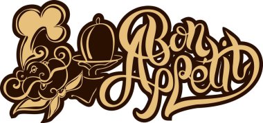 Bir tepsi ile gülümseyen mutlu Şef. Bon olsun metin. Şablon kapak menü kafe ya da restoran. stil vektör çizim kroki