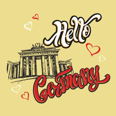 Merhaba Almanya. Lettering.Travel. kroki. Turizm endüstrisi için tasarım konsepti. Vektör çizim.