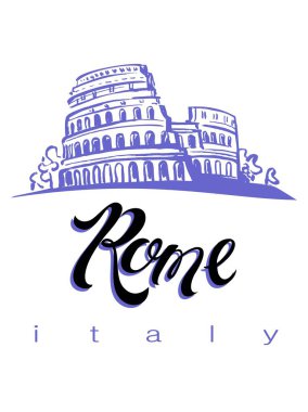 Turizm endüstrisi için tasarım. İtalya gezisi. Roma. Yazı. Colosseum taslağını. Vektör çizim.