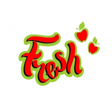 Taze. Yazı. Taze sıkılmış meyve suyu. Apple.Concept tasarım ürünleri reklam için. Vektör çizim.