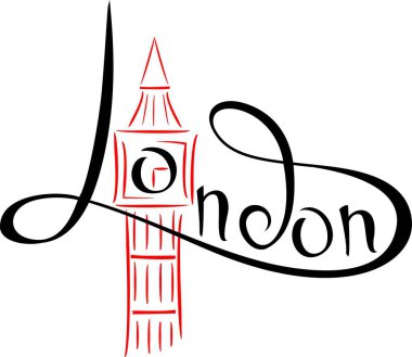 Londra yazıtlar. El çekilmiş vektör çizim, tasarım, kartpostal, logo. Dikkat et. Big Ben.