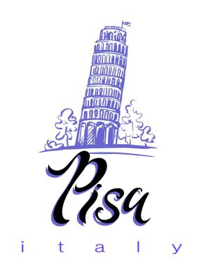 Turizm endüstrisi için tasarım. İtalya gezisi. Pisa. Yazı. Pisa Kulesi kroki. Vektör çizim.