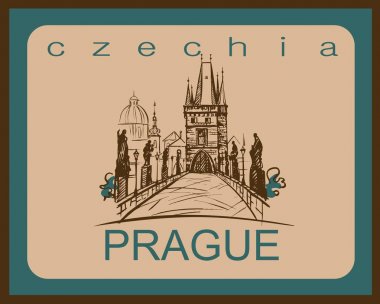 Seyahat. Çek Cumhuriyeti bir seyahat. Prag şehir. Kroki. Charles Köprüsü. Turizm endüstrisi için tasarım konsepti. Vektör çizim.