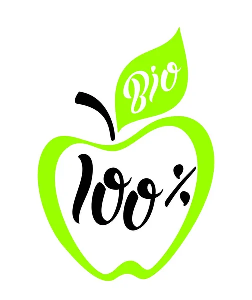 Apple.Lettering.Calligraphy. (en inglés) Fruta. Bio.100 Alimentación saludable. Ilustración vectorial . — Archivo Imágenes Vectoriales