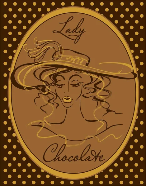 戴着帽子的女孩 一个老式插图 帽子里的 Lady Drawn 模特美容剪影 在一个椭圆形的框架 巧克力 糖果的设计 花纹圆点 — 图库矢量图片