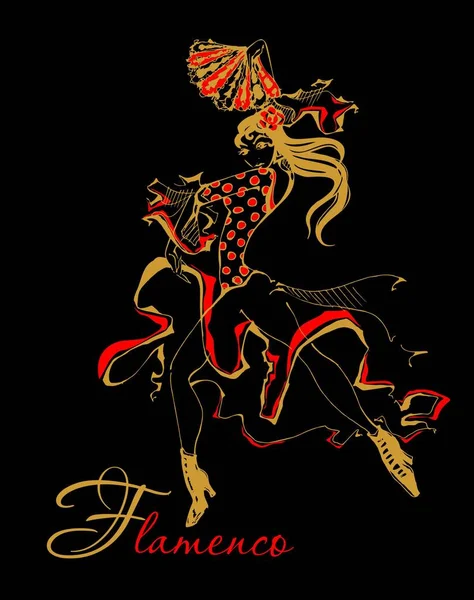 Flamenco Spanyol Táncos Womanr Illusztráció Fekete Háttér — Stock Vector
