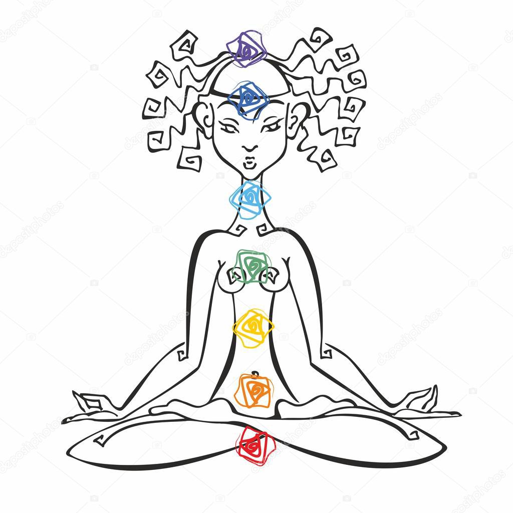 Woman ornate silhouette sitting in lotus pose. Meditation, aura and chakras. Vector illustration.