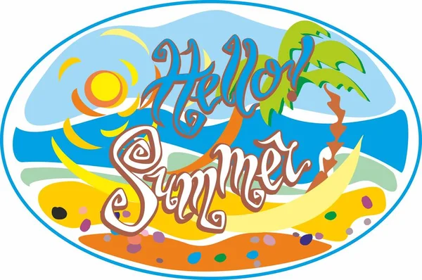 Hello Summer Lettering Greeting Sun Seagulls Sea Palm Trees Design — Stock Vector