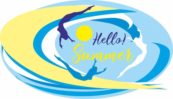 Hello Summer Lettering Sea Waves Surfers Seascape Design Travel Vacation — Stock Vector