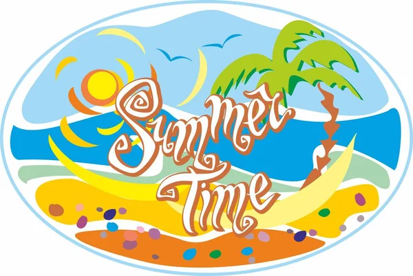 Zomertijd Belettering Groet Zon Meeuwen Zon Hoed Zonnebril Zee Palm — Stockvector