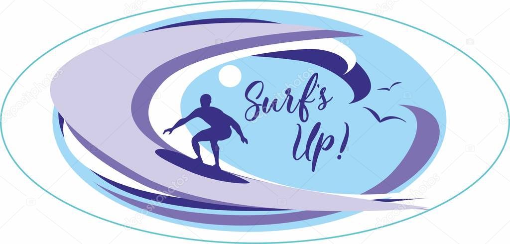 Surf's up .Surfing. Lettering. It's time to rest and travel. Seascape. Wave. Gulls. Vector illustration.