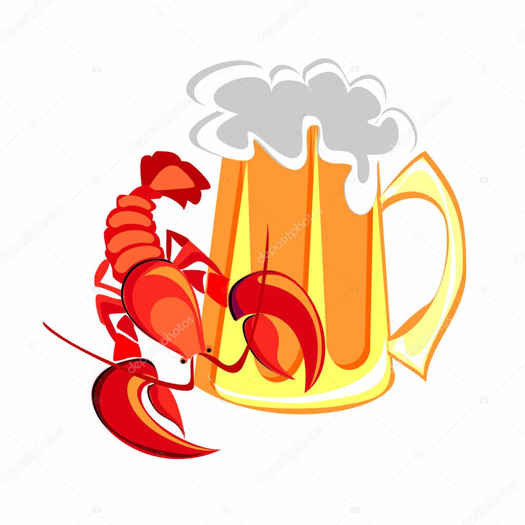 Lobster,  cancer and beer. A mug of beer. Design for gastronomy and beer advertising. Vector