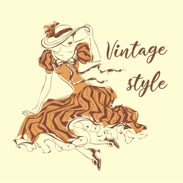 Belle Fille Dans Chapeau Style Vintage Dame Robe Rétro Livre — Image vectorielle