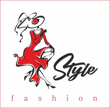 Kız Elbiselerini çıkarıp gösterir. Bir modeldir. Style.Inscription. güzellik sektörünün için tasarım. Bayan şapka ve kırmızı elbise. Vektör.