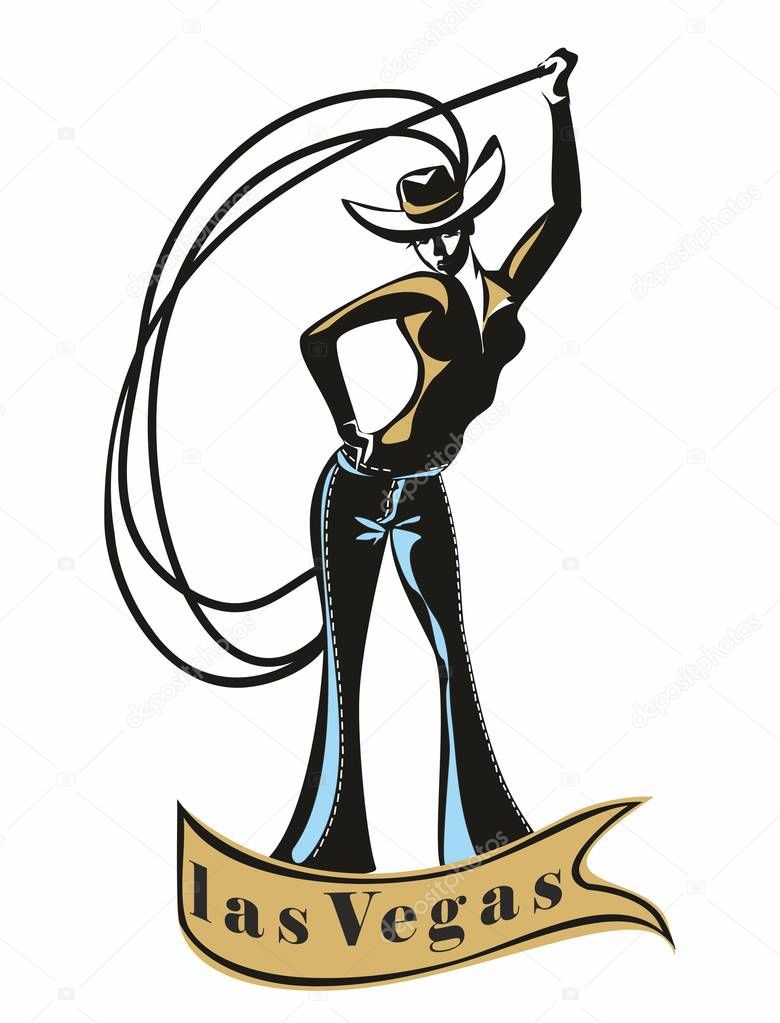 Las Vegas. The cowboy girl . Lasso.  Invitation. Greeting. Weathercock. Sign. Western. Vintage. Retro. Vector.
