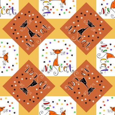 Seamless modeli. Benim kedim. Yazı. Komik karikatür kedi. Kedi pençe izleri. Damalı arka plan. Vektör.