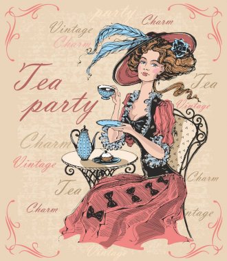 Vintage kadın şapka çay içme içinde. Bayan crinoline. Çay partisi. Çekicilik. Vintage. Yazıtlar. Çay vakti geldi. Vektör