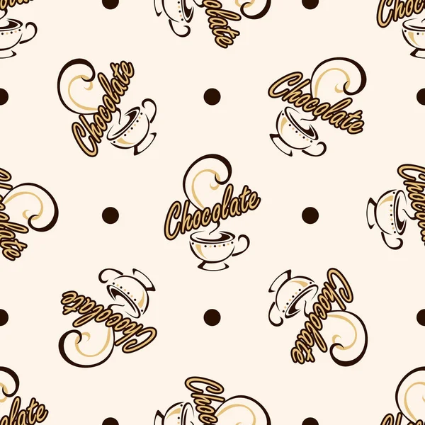 Seamless pattern. Drink hot chocolate. Cocoa. A Cup of fragrant drink. The inscription chocolate. polka dot background. Vector.