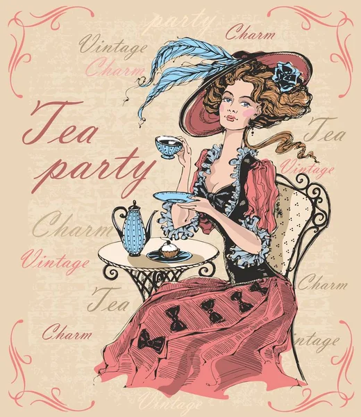 老式的女士在帽子喝茶 衬布的女士茶党 该喝茶了 — 图库矢量图片