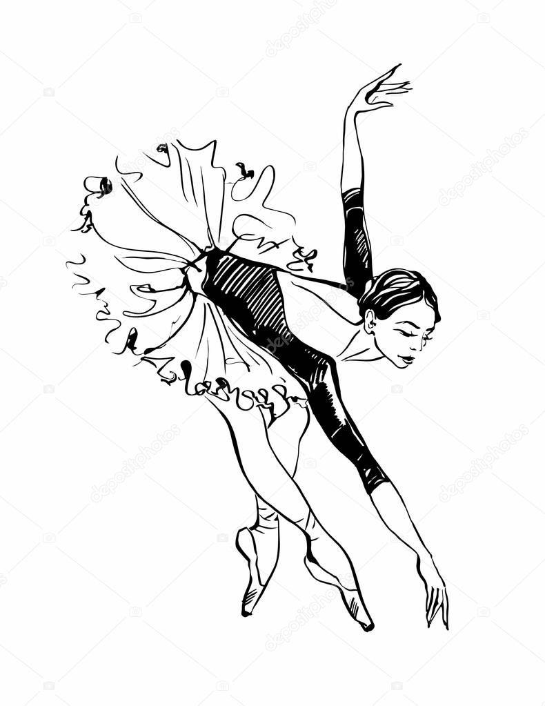 Ballerina. Girl dancing. Black and white sketch. Ballet. Vector.