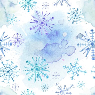 Kar taneleriyle kusursuz bir Noel deseni. Suluboya tekniğinde.