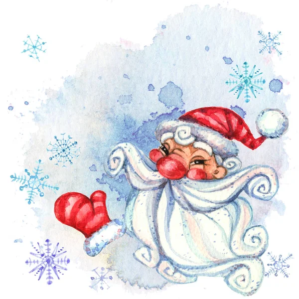 Akvarell Vykort Med Glada Jultomten Julen — Stockfoto