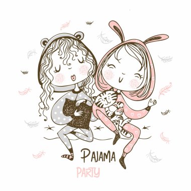 Pijamalı tatlı kızlar pijama partisinde eğlenirler. Vektör