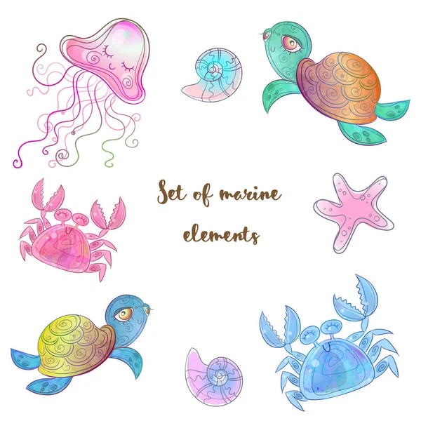 Ensemble Animaux Marins Mignons Poulpe Hippocampe Baleine Méduses Aquarelle Vectorielle — Image vectorielle