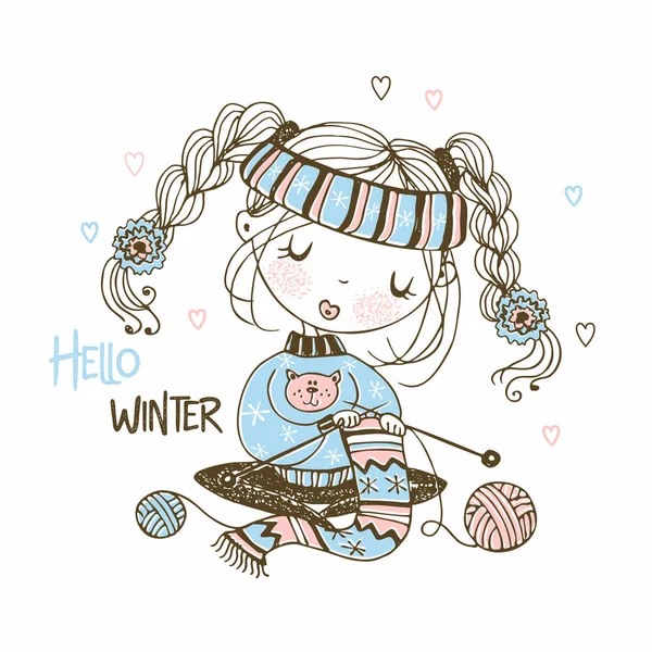 Cute Girl Preparing Winter Knitting Scarf Hello Winter Vector — Stock Vector