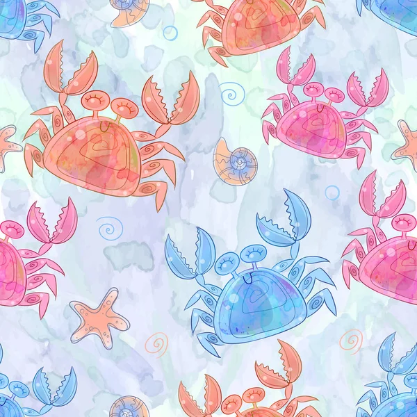 Seamless Pattern Cute Crabs Vector Watercolor — ストックベクタ