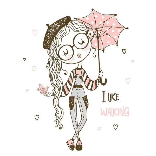 Cute Girl Umbrella Walking Walking Title Vector — ストックベクタ