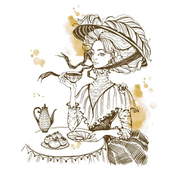 Beautiful Vintage Lady Tea Party Girl Hat Drinking Tea Engraving — Stock Vector