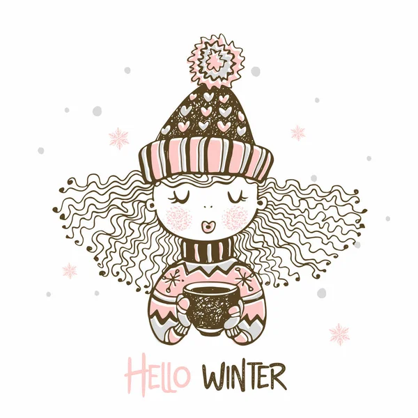 Cute Girl Knitted Hat Mittens Drinking Hot Coffee Vector Hello — Stock Vector