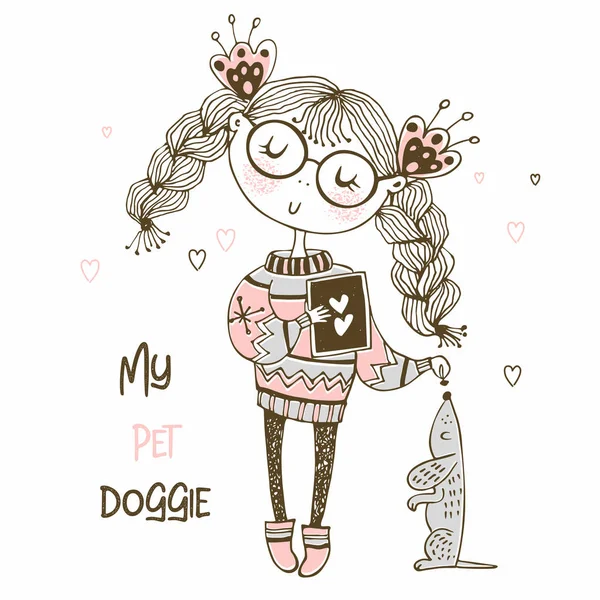 Girl Sweater Playing Dog Dachshund Vector — ストックベクタ
