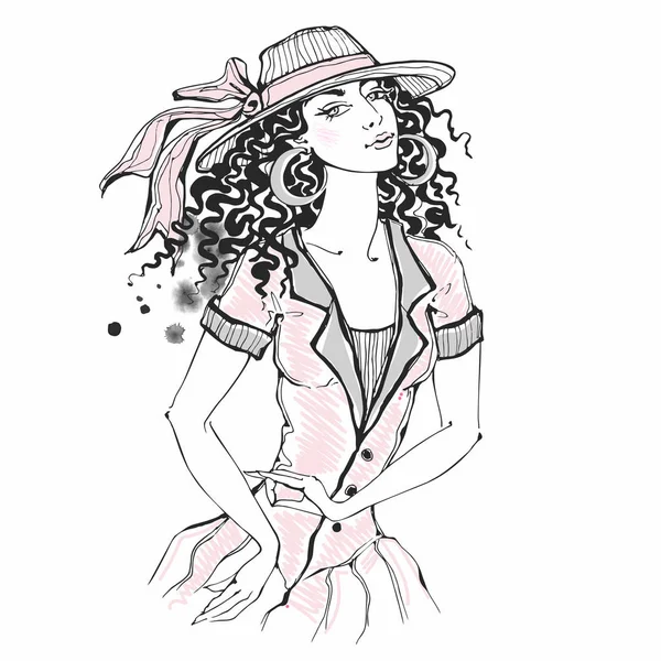 Menina Elegante Com Chapéu Esboço Manchas Aquarela Vetor —  Vetores de Stock