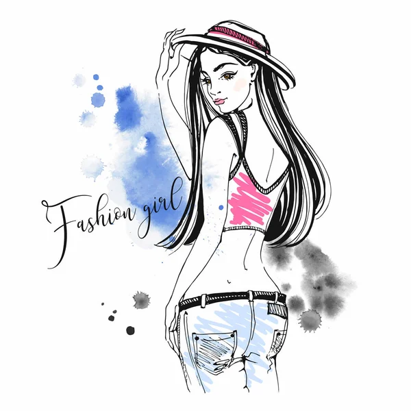Fashion Girl Jeans Chapeau Esquisse Taches Aquarelle Vecteur — Image vectorielle