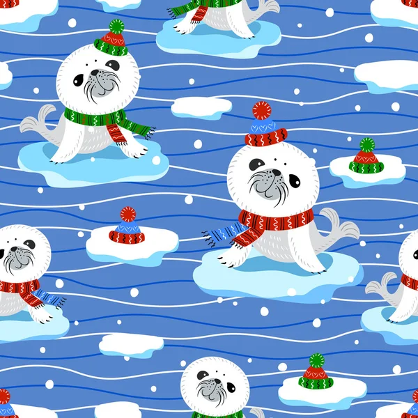 Seamless Pattern Baby Seals Floating Ice Floe Vector — Stock Vector