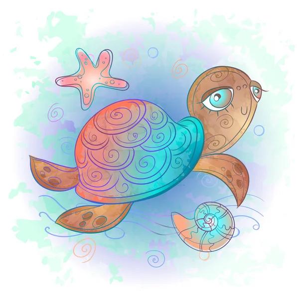 Leuke Zeeschildpad Zee Wereld Vector Aquarelverf — Stockvector