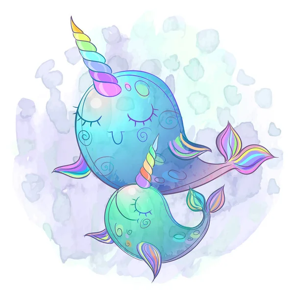 Cute Fairy Whale Unicorns Mother Baby Watercolor Vector — ストックベクタ