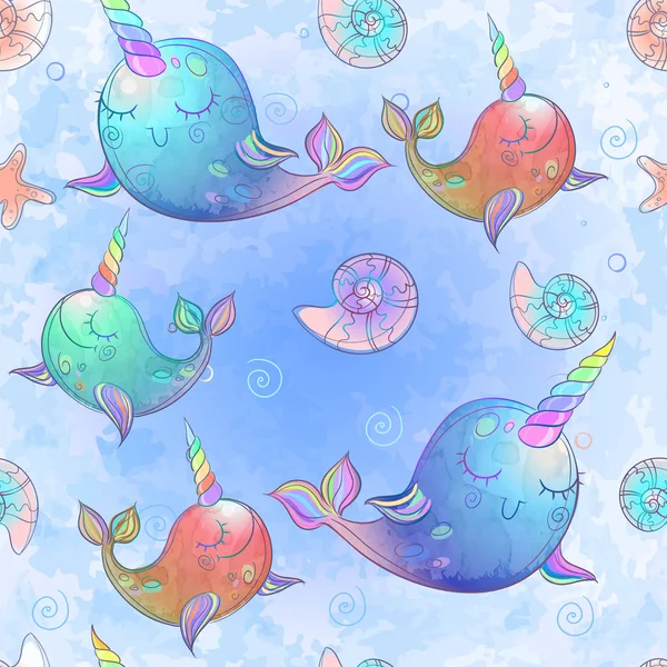 Seamless Pattern Cute Unicorns Whales Watercolor Vector — ストックベクタ