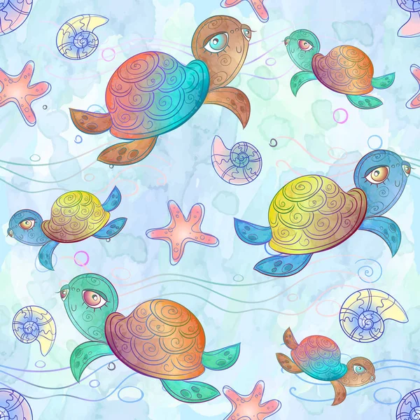 Seamless Pattern Sea Turtles Vector Watercolor — ストックベクタ